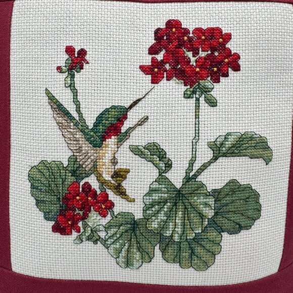 Handmade Needlepoint Hummingbird & Geranium Decorative Throw Pillow Dupioni Silk - Picture 2 of 4
